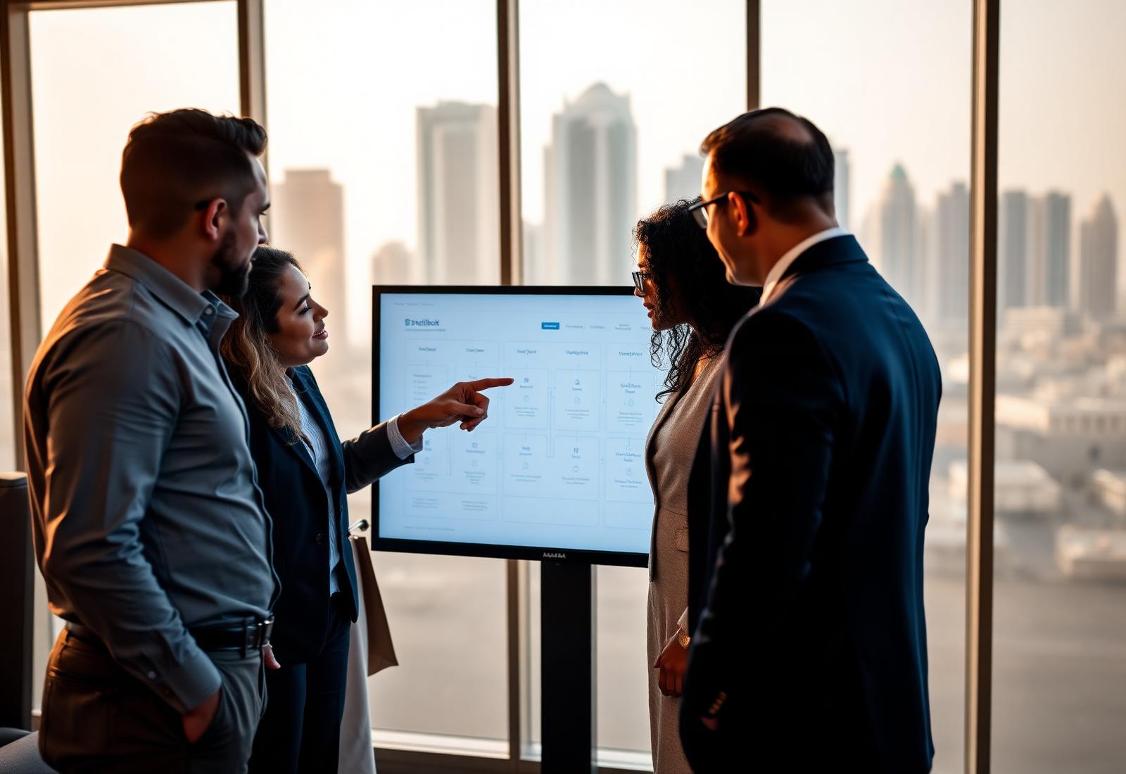A business team in Dubai reviewing an AI-enabled workflow on a shared screen